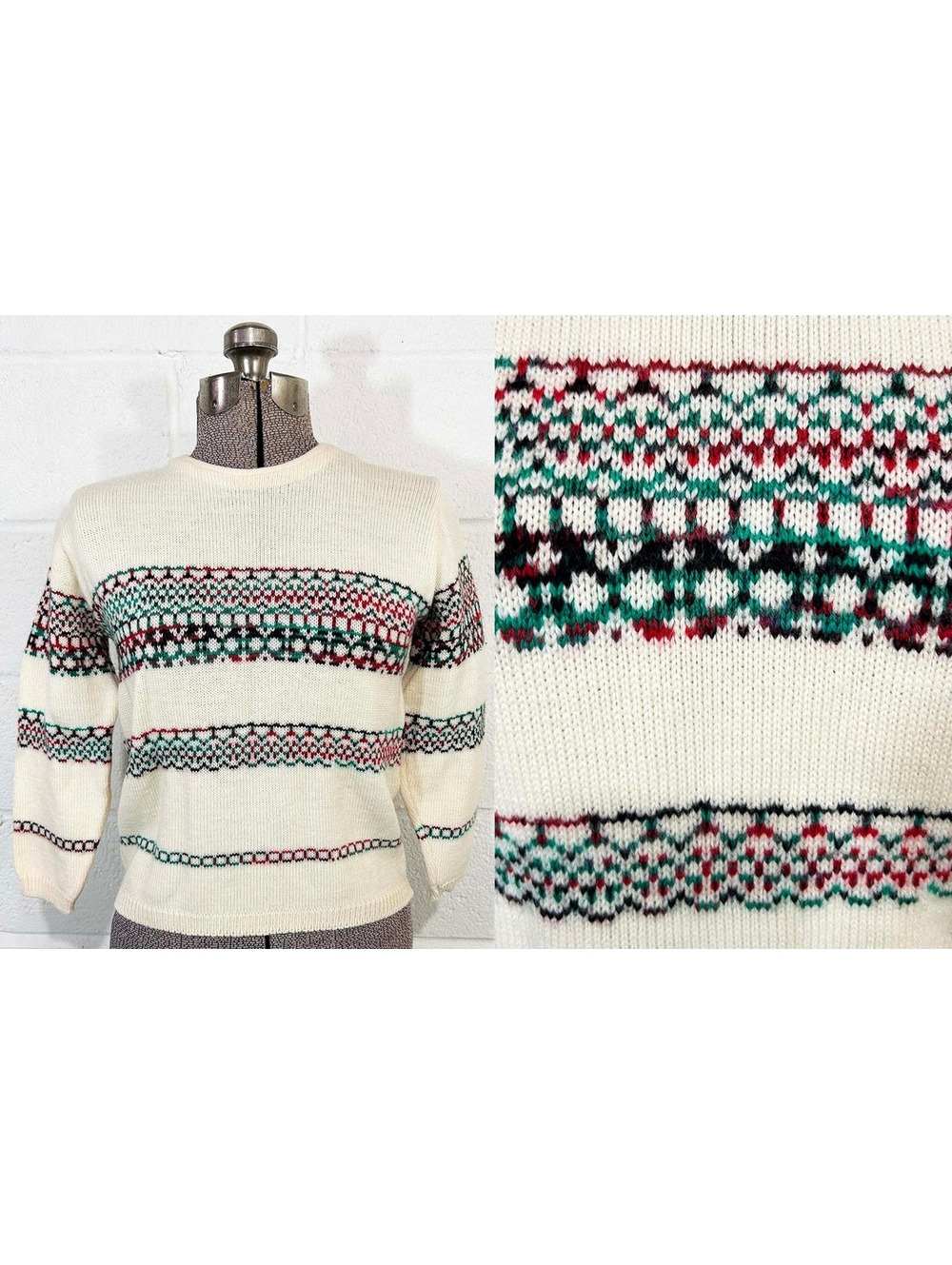Vintage Cream Wool Fair Isle Sweater 1960s Knit Pullover Small